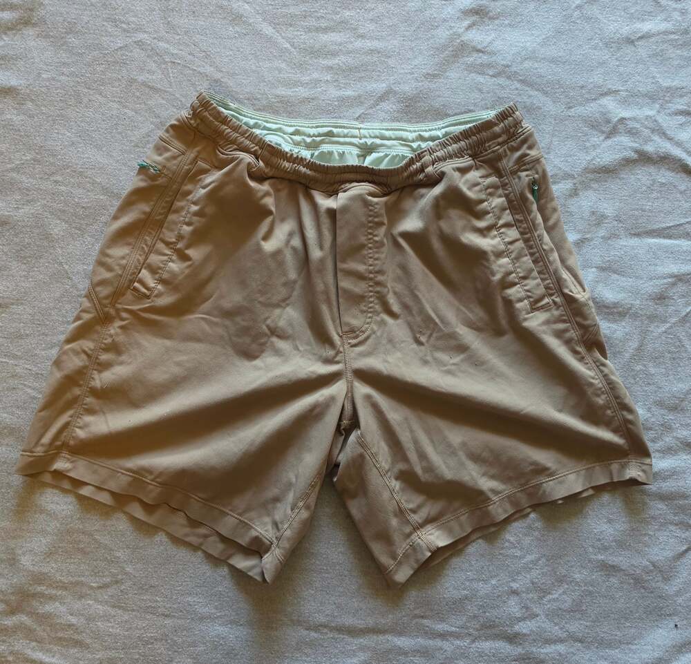 Birddogs Mens Large Tan Khaki Lined Athletic Gym Shorts Built In Liner Teal Logo